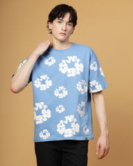 Floral Sky Blue Screen Printed Supper Loose Fit T-Shirt