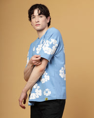 Floral Sky Blue Screen Printed Supper Loose Fit T-Shirt
