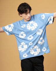 Floral Sky Blue Screen Printed Supper Loose Fit T-Shirt