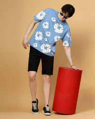 Floral Sky Blue Screen Printed Supper Loose Fit T-Shirt