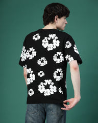 Floral Black Screen Printed Supper Loose Fit T-Shirt