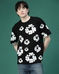 Floral Black Screen Printed Supper Loose Fit T-Shirt
