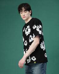 Floral Black Screen Printed Supper Loose Fit T-Shirt