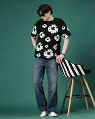 Floral Black Screen Printed Supper Loose Fit T-Shirt