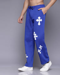 Printed Royal Blue Relaxed Fit Men's Track Pants