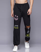Black Printed French Terry Relaxed Fit Jogger Men's-Pants
