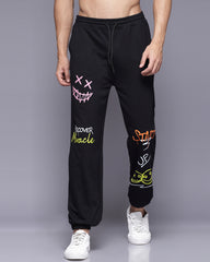 Black Printed French Terry Relaxed Fit Jogger Men's-Pants