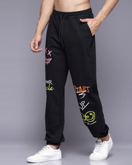 Black Printed French Terry Relaxed Fit Jogger Men's-Pants