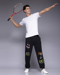 Black Printed French Terry Relaxed Fit Jogger Men's-Pants
