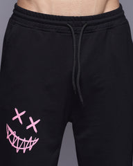 Black Printed French Terry Relaxed Fit Jogger Men's-Pants