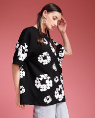 Floral Black Screen Printed Supper Loose Fit Unisex T-Shirt