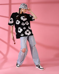 Floral Black Screen Printed Supper Loose Fit Unisex T-Shirt
