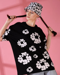 Floral Black Screen Printed Supper Loose Fit Unisex T-Shirt