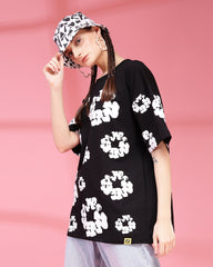 Floral Black Screen Printed Supper Loose Fit Unisex T-Shirt