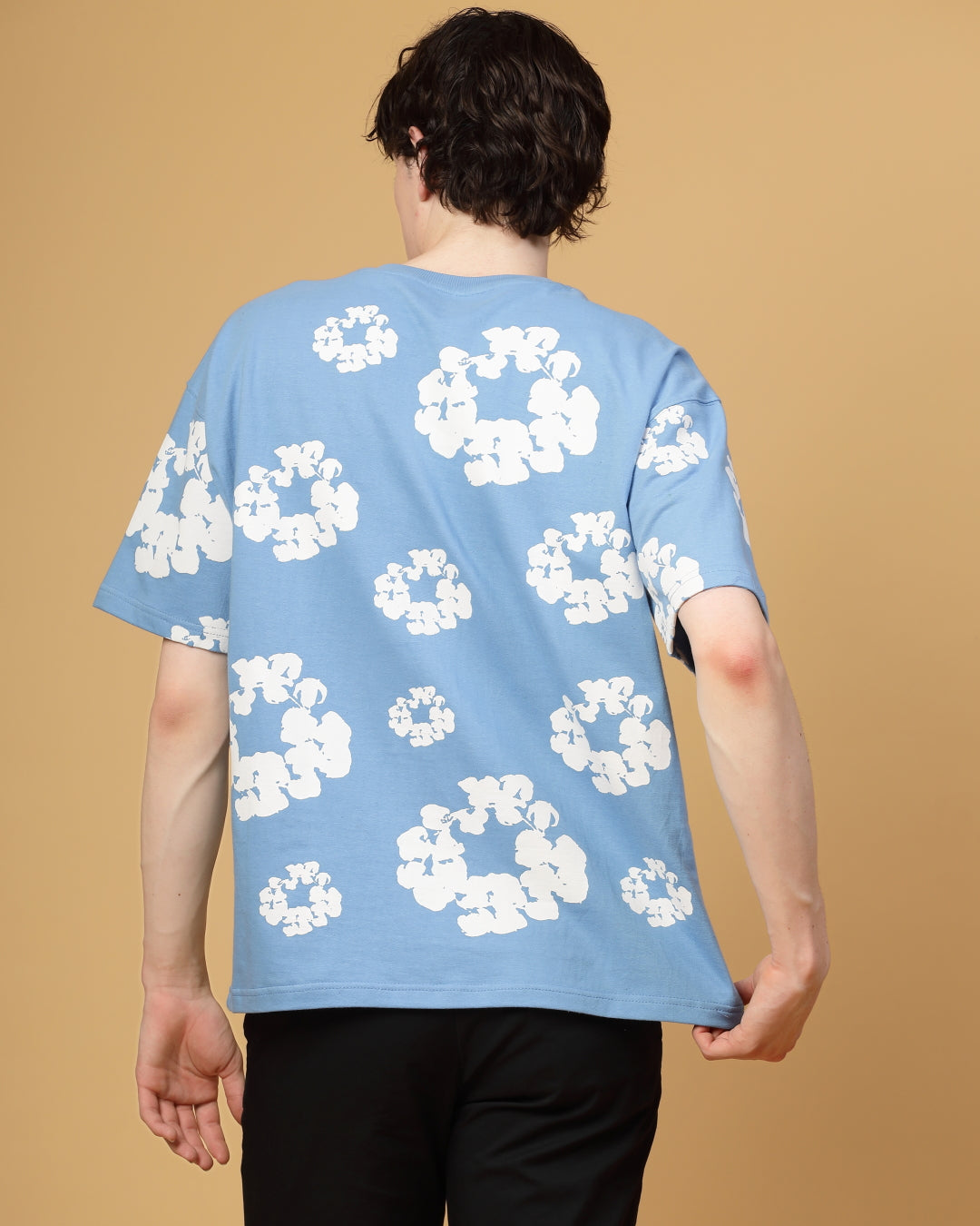 Floral Sky Blue Screen Printed Supper Loose Fit T-Shirt