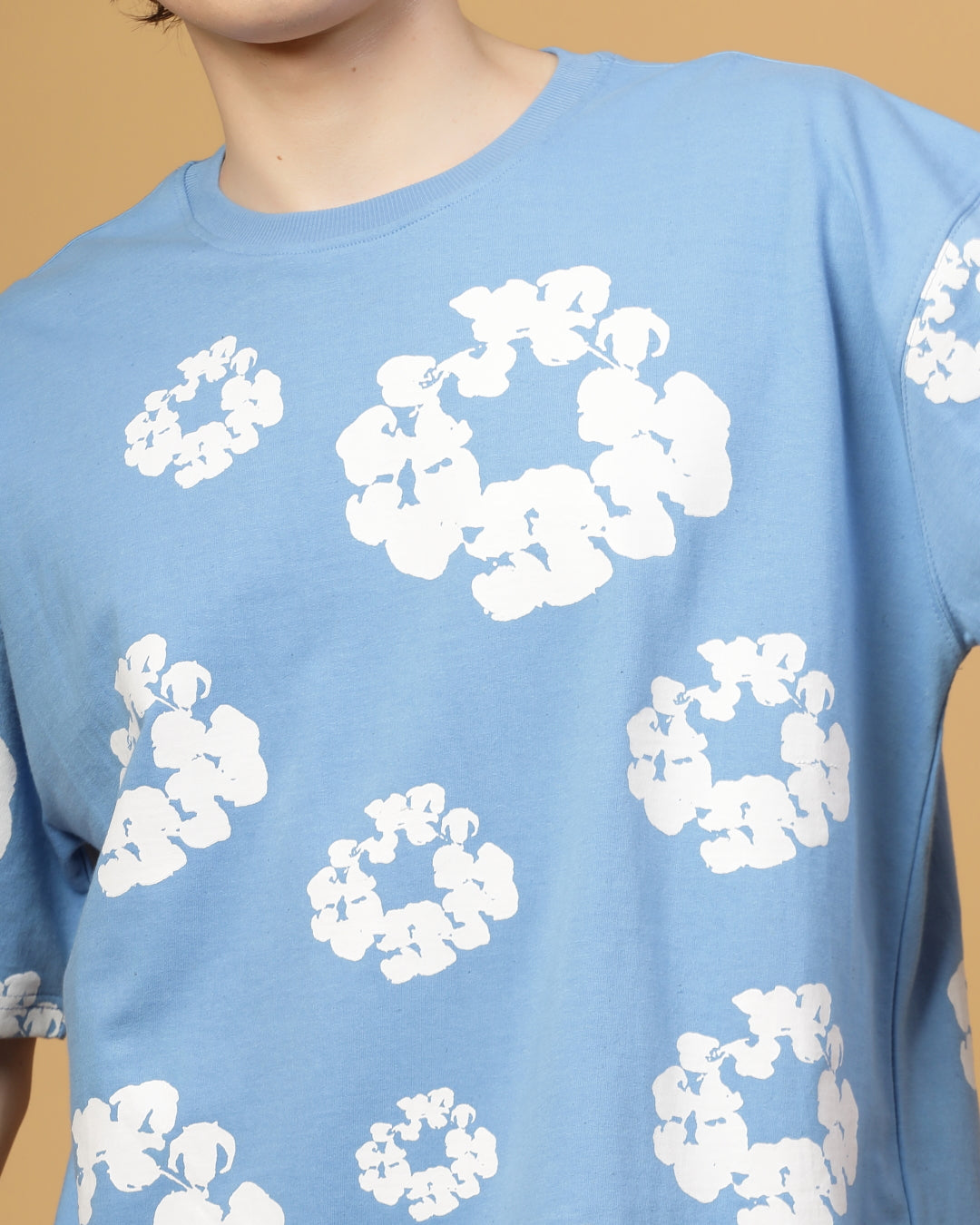 Floral Sky Blue Screen Printed Supper Loose Fit T-Shirt