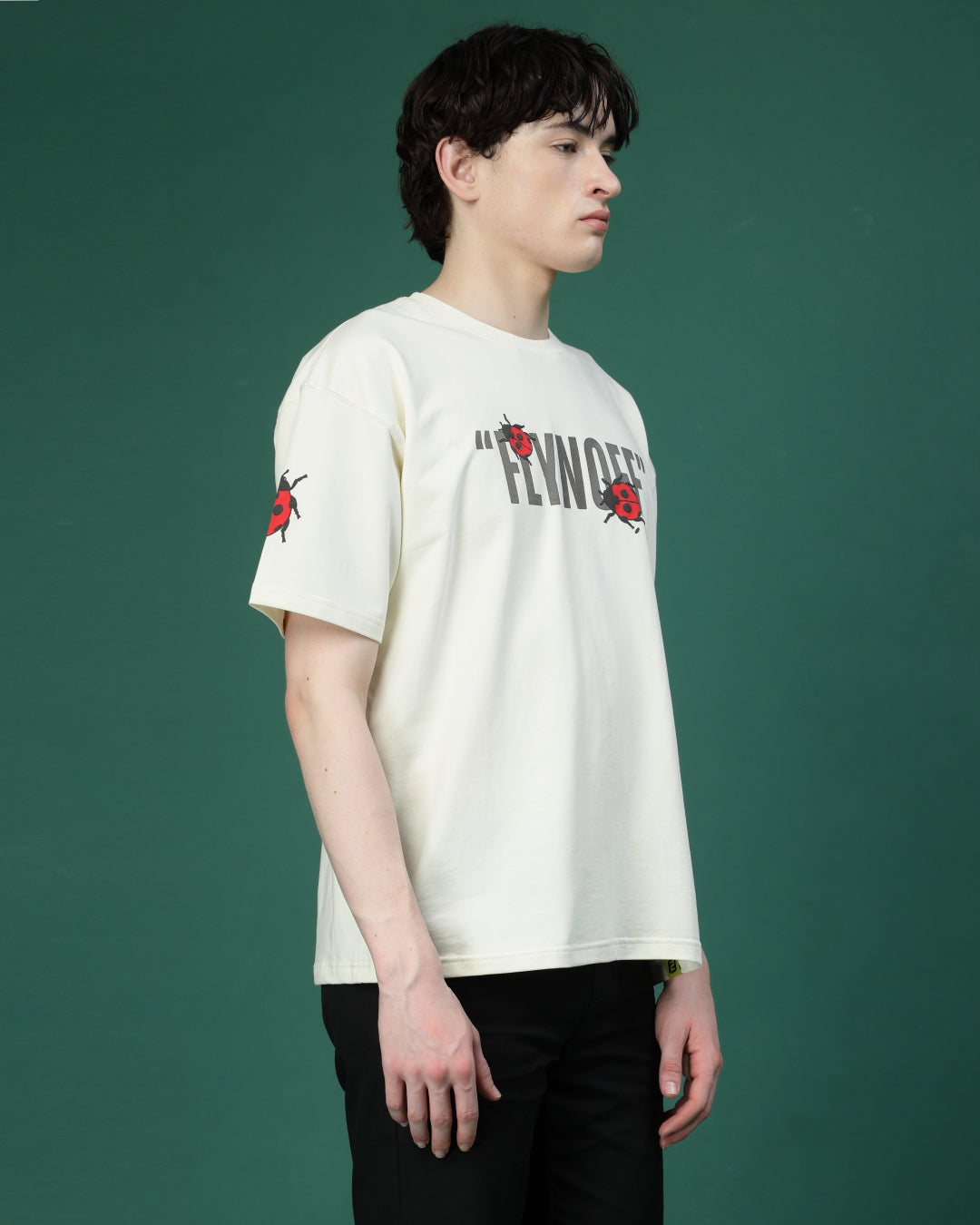 Ladybugs Off White Puff & Screen Printed Supper Loose Fit T-Shirt