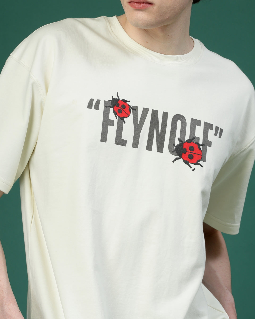 Ladybugs Off White Puff & Screen Printed Supper Loose Fit T-Shirt