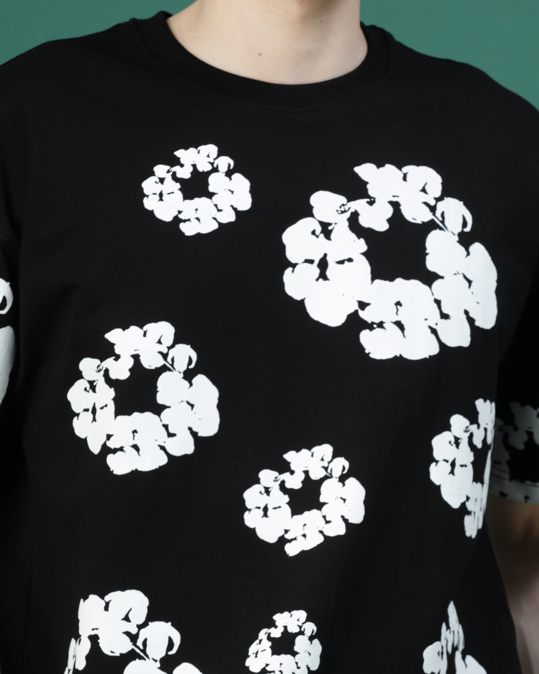Floral Black Screen Printed Supper Loose Fit T-Shirt