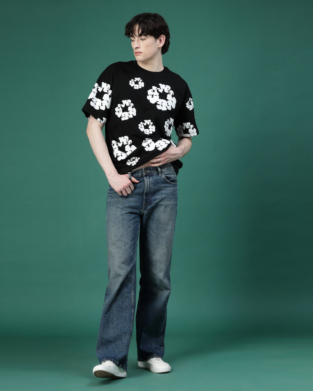 Floral Black Screen Printed Supper Loose Fit T-Shirt