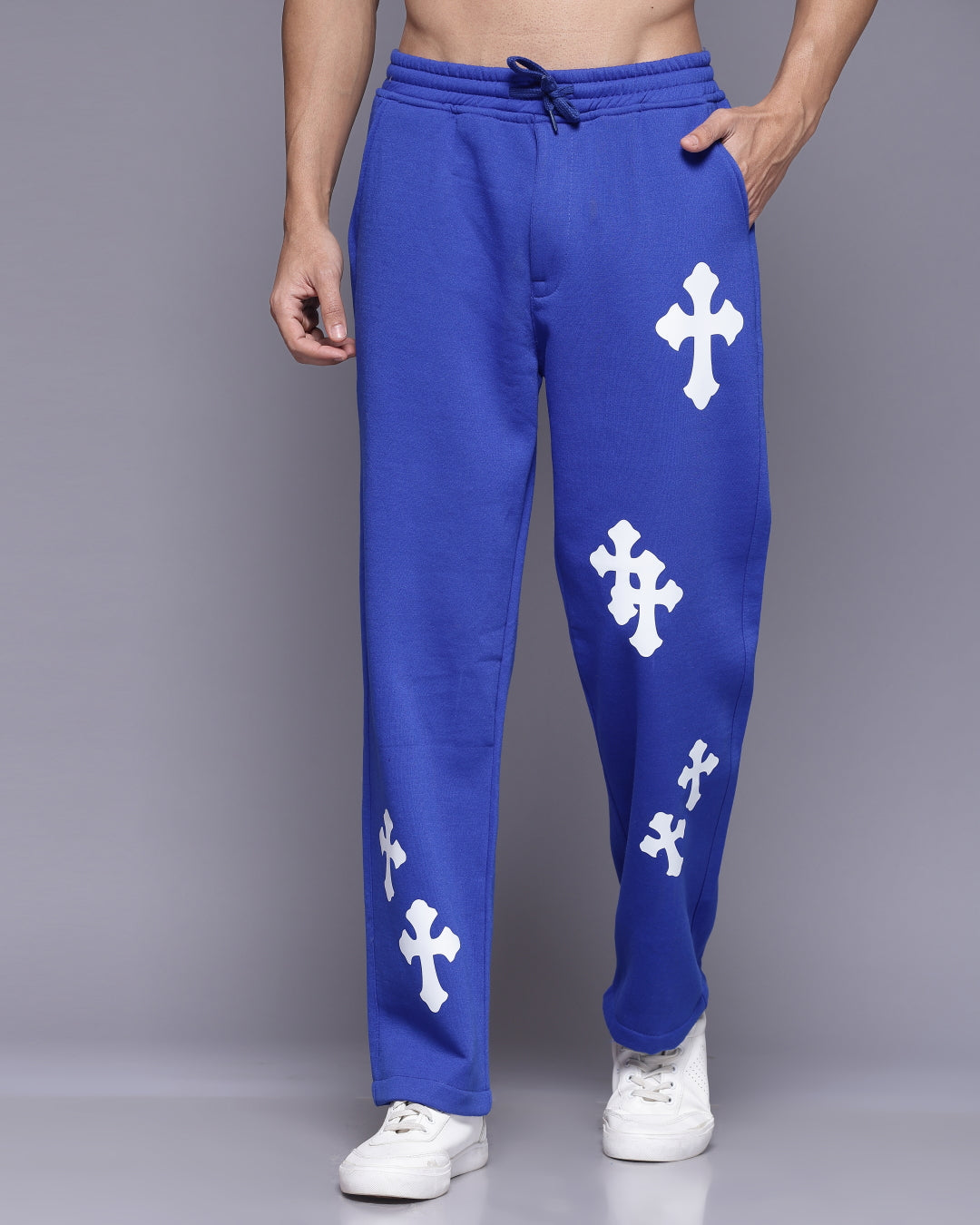 Printed Royal Blue Relaxed Fit Men's Track Pants