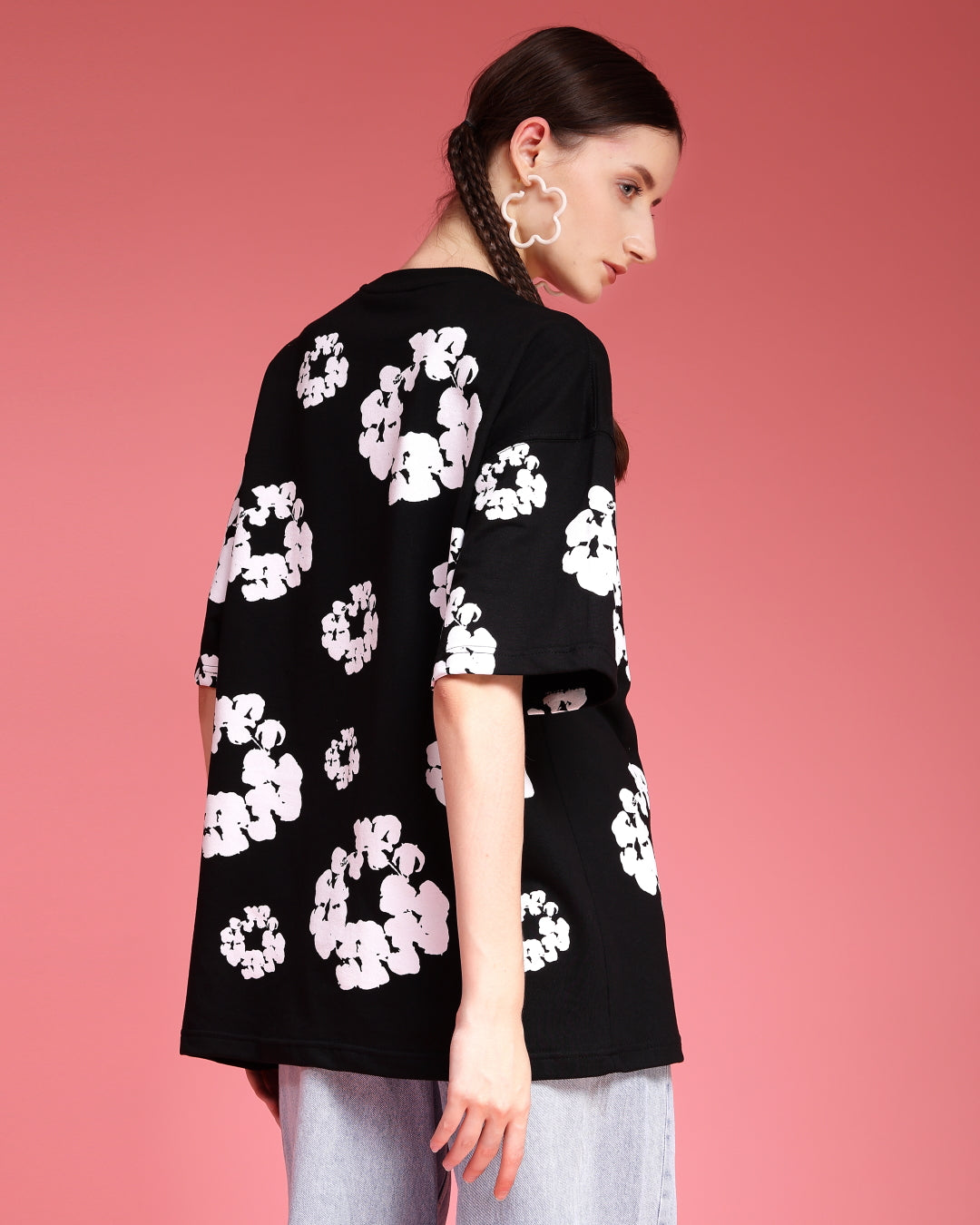 Floral Black Screen Printed Supper Loose Fit Unisex T-Shirt