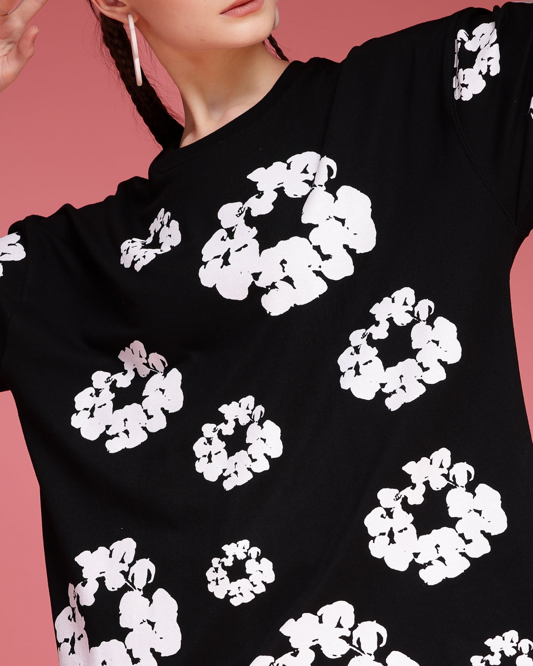 Floral Black Screen Printed Supper Loose Fit Unisex T-Shirt